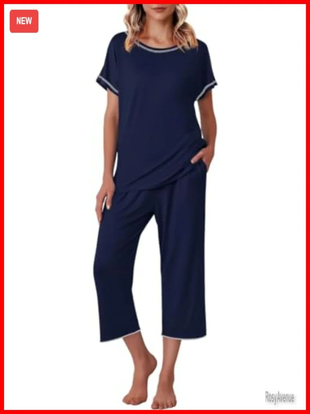 Capri Pajama Set - Short Sleeve Sleepwear with Pockets, Crewneck Lounge Set